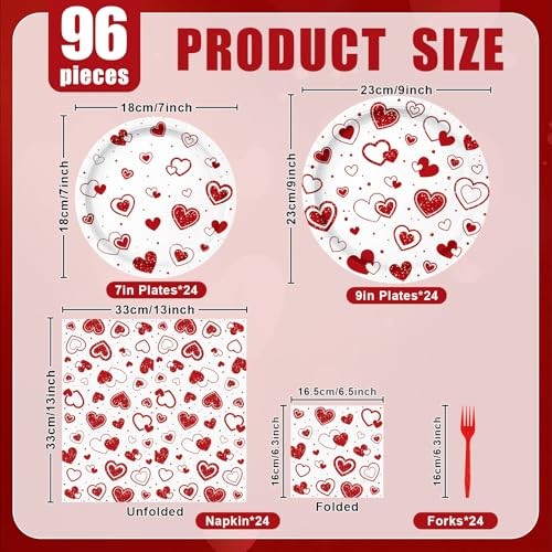 96 Pieces Valentine’s Day Tableware Set – Red Heart Disposable Plates,