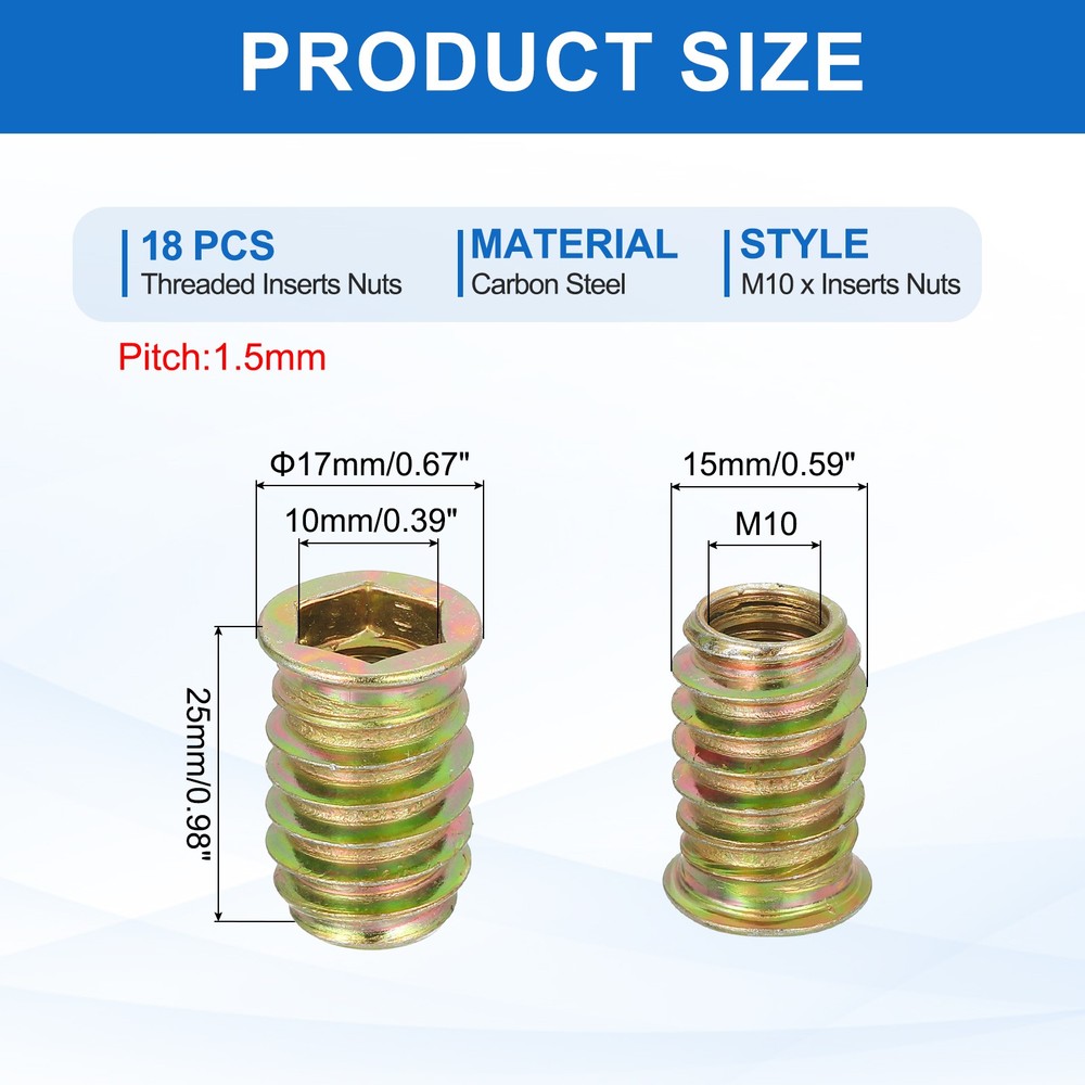 18Pcs Threaded Inserts Nuts, M10x25mm Hex Socket Drive Nut Inserts for Wood