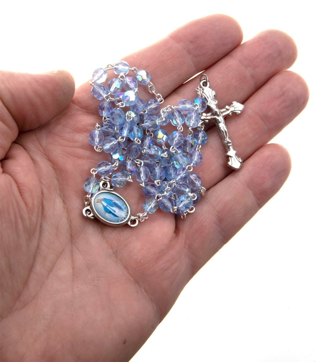 Women's Miraculous Medal Catholic Rosary Beads Blue Glass Beads Divine Mercy