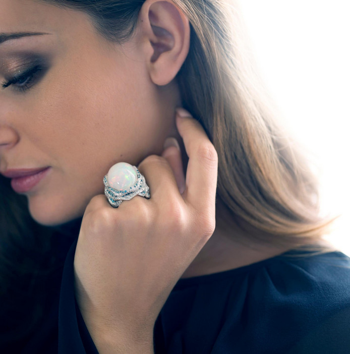 Big Cabochon Shape 26.85CT Opal With Blue & White Sapphire Impressive Fine Ring