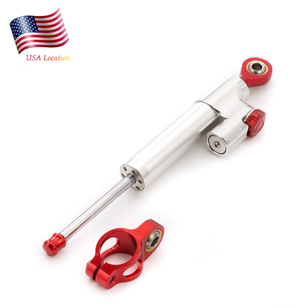 Motorcycle Universal CNC Adjustable Steering Damper Stabilizer Safety Silver&Red