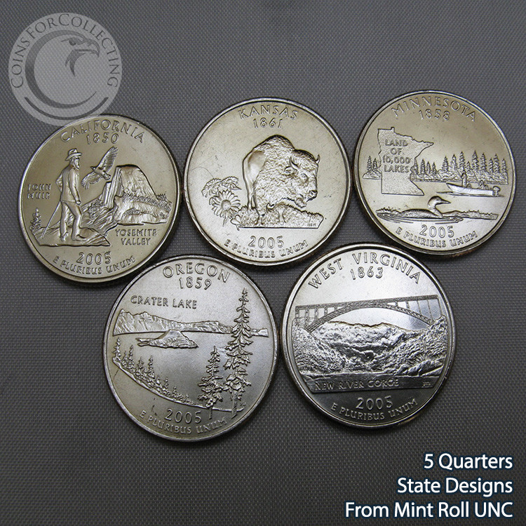 2005-D WASHINGTON STATE QUARTER SET DENVER - 5 Designs from Mint Rolls UNC