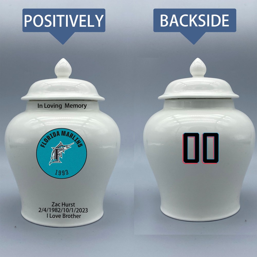Ceramic Medium Urn for Miami Marlins Baseball Theme, Custom Text & Number