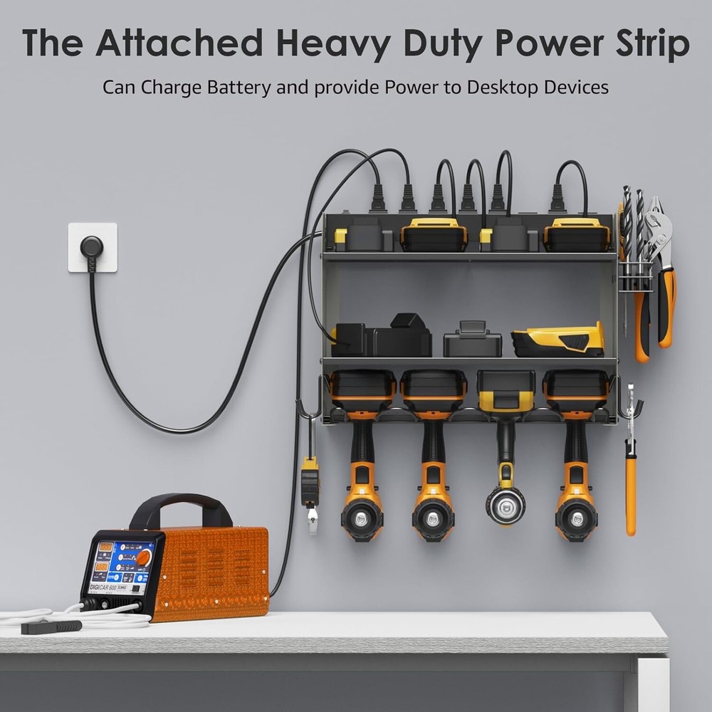 Heavy-Duty Drill Storage Shelf & Power Strip Combo – Wall-Mounted Organization