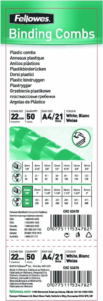 Fellowes A4 22 mm Plastic Binding Combs for Comb Binding Machine, Binds 151 to 1