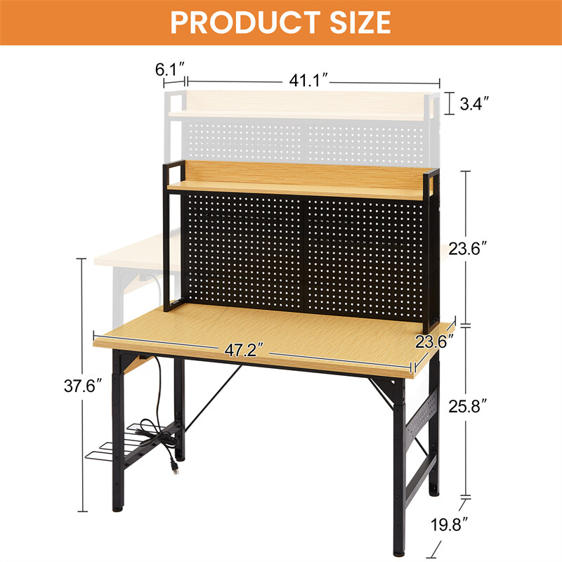 48'' Adjustable Workbench with pegboard Wooden Desktop Workbench 1600 lbs