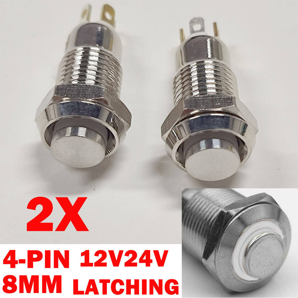 2PC 8mm White Metal Push Button Switch 4Pin LED Latching Self Locking Waterproof