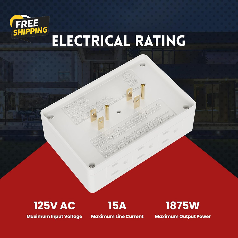 2 Pack Side Outlet Plug Adapter, 6-Outlet Extender, 3-Prong, Multiple Plug