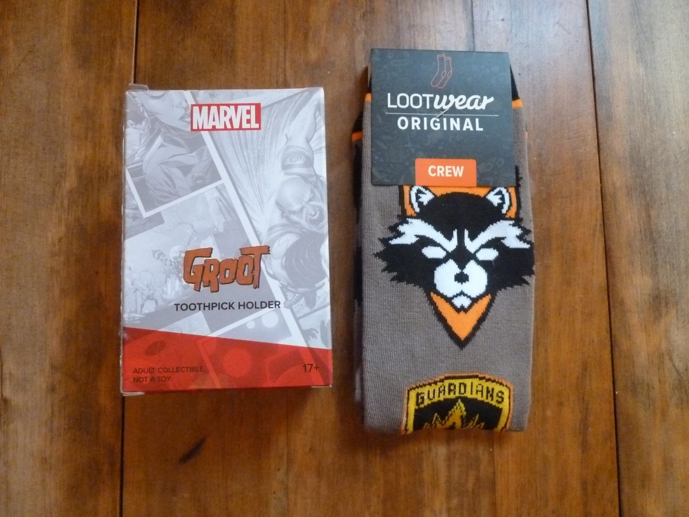 2 Marvel Loot: Groot Toothpick Holder Figure and  Guardians Galaxy Socks NEW