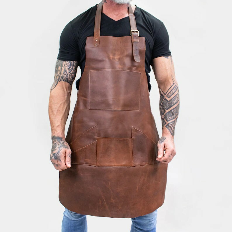 Distressed Multi-Pocket Leather Apron - Brown Full Grain Leather -