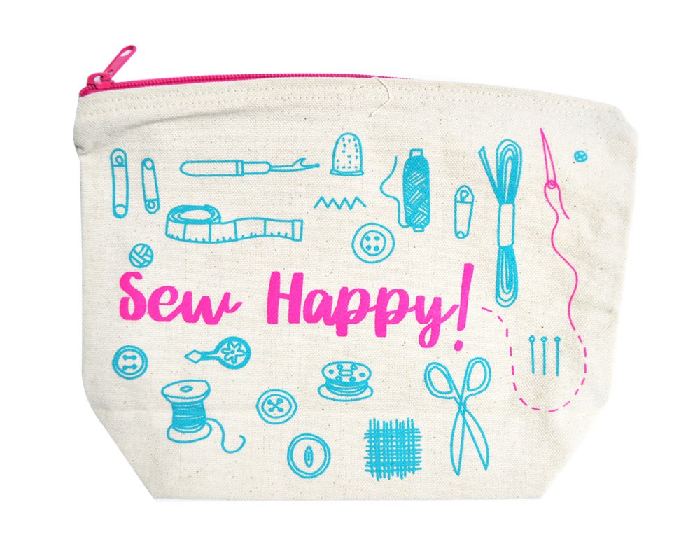 Generic Sew Happy Pink Zippered Canvas Pouch