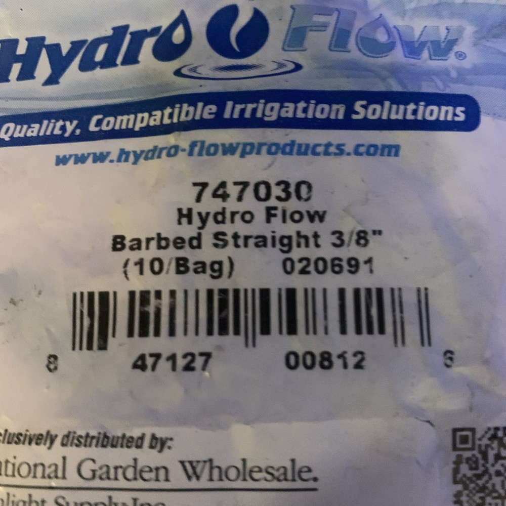 Hydro Flow 3/8” Barbed Straight Irrigation Fitting (Quantity 10) 747030 NEW