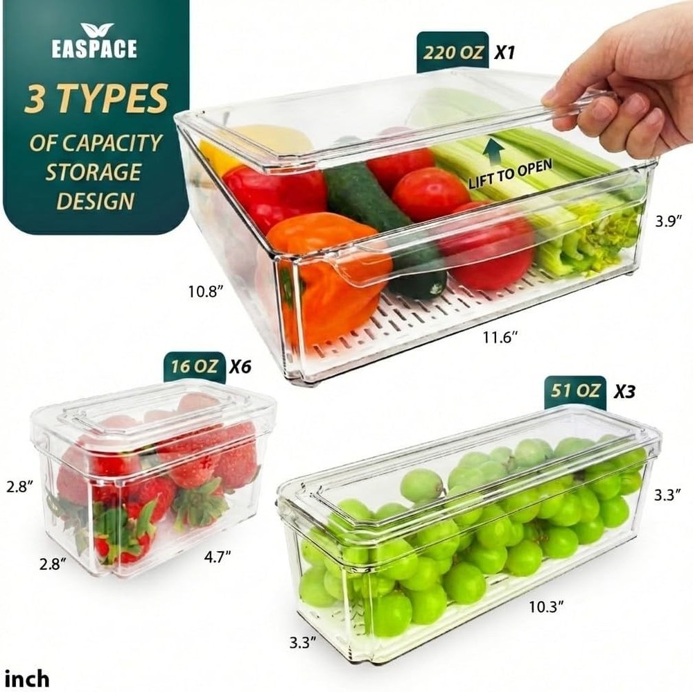 10-Pack Clear Fridge Organizer Bins W/ Lids & Drainage Holes Stackable Container