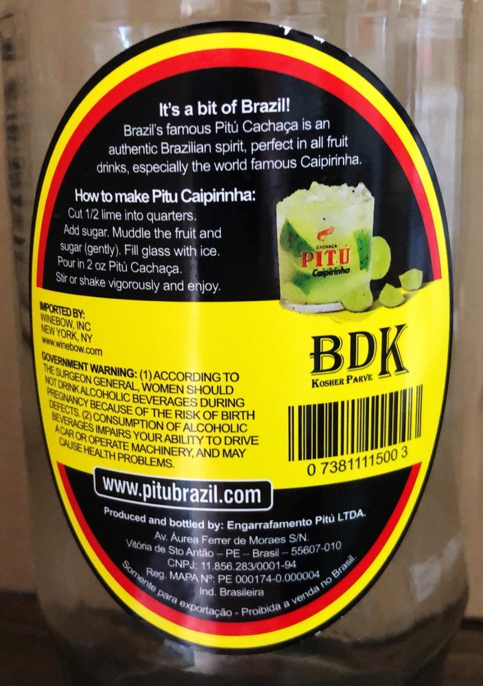 Pitu Brazilian Cachaca Empty Bottle (1 Liter)
