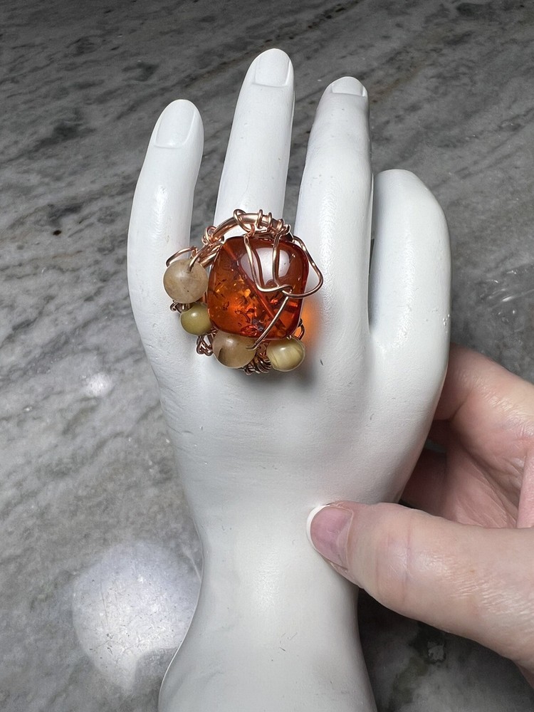 Artisan Hand Made Copper Ring With Amber, Size 6.5