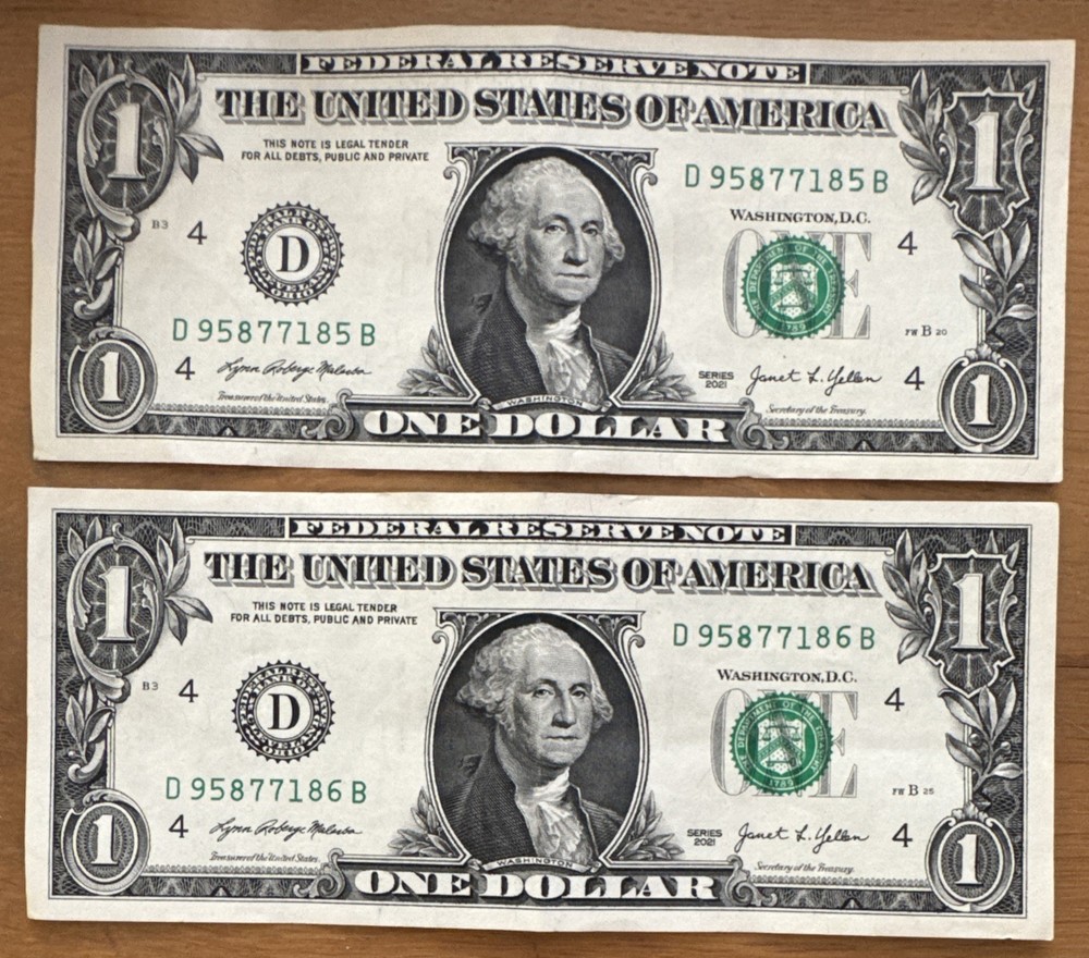 Two (2) 2021 $1 Sequential Notes with IDENTICAL Over Inked/smudge on Upper #8’s