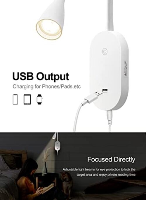 LED Wall Mount Reading Light for Bed, Reading Lamp with USB Output 5 White