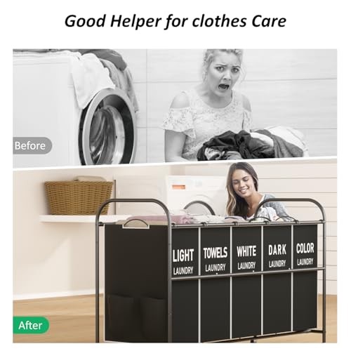5-Section Laundry Sorter Cart, Large Laundry Hamper with Lockable Rolling Black