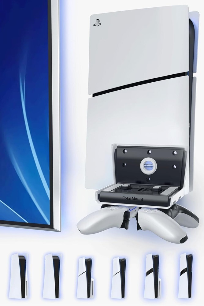 PS5 Universal Wall Mount with Controller Storage - Easy Drill-Free Installation