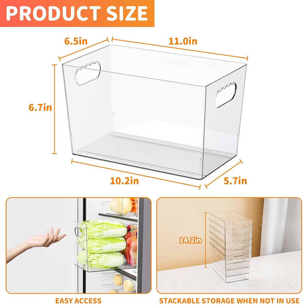 6 Pack Plastic Clear Bins Organizing- Handle -11 Large Pantry Organizer Bins