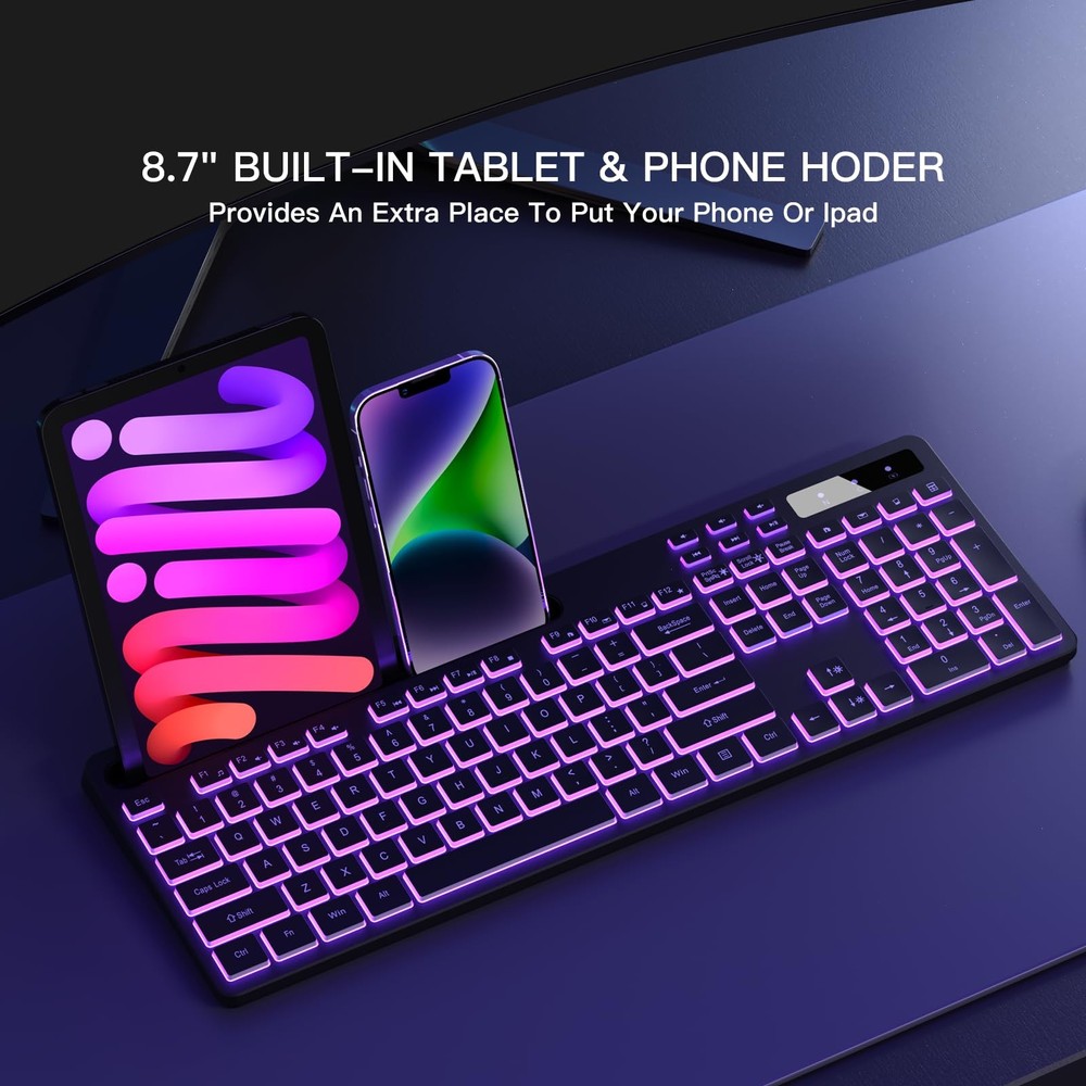 Wireless Keyboard with 7-Color RGB Backlit, Full-Size Computer Keyboard with ...