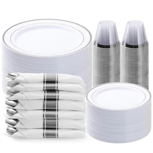 350PCS Plastic Dinnerware Set, Disposable Party Plates for 50 Guests Silver