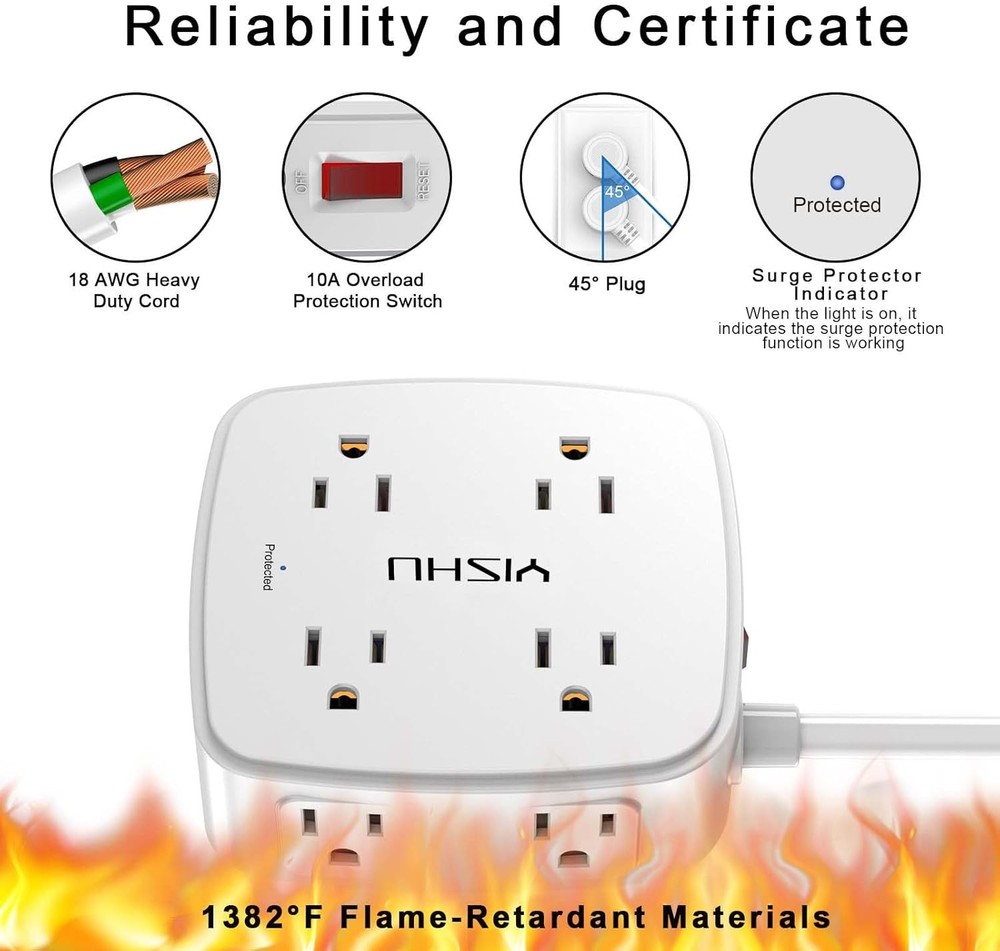 6ft Surge Protector Power Strip, 8 Outlets + 4 USB, Flat Plug Wall Mount