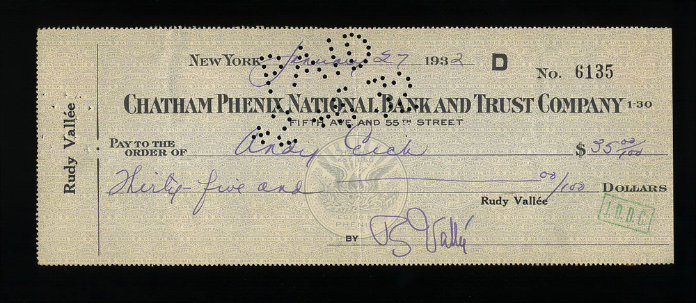 RUTH ETTING D'VAUGHN PERSHING SENATOR GEORGE MURPHY RADIO SCRIPT w SIGNED CHECK