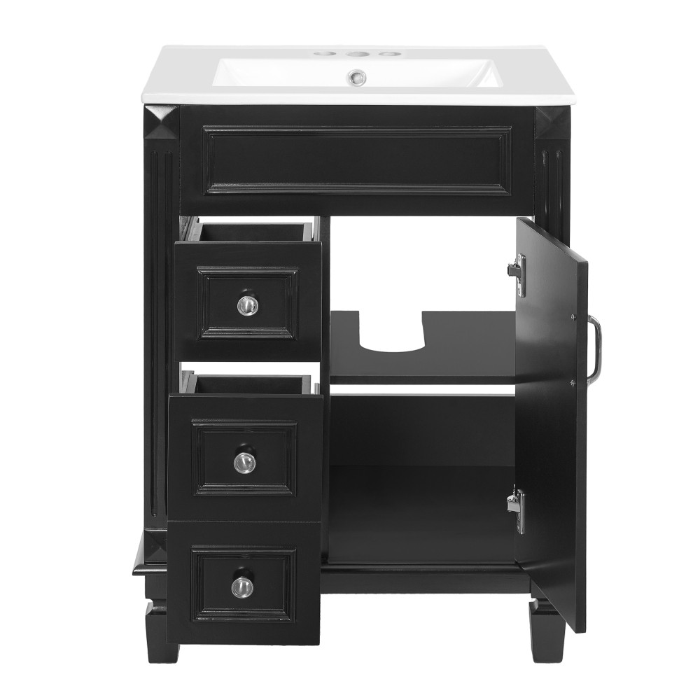 Bathroom vanity W ceramic sink Features two drawers Includes adjustable shelves