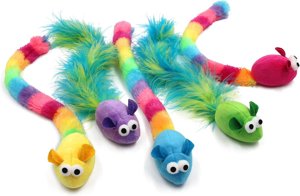 5 Pack Interactive Catnip and Feather Cat Toys, Multi-Colored Mice with Long Fea