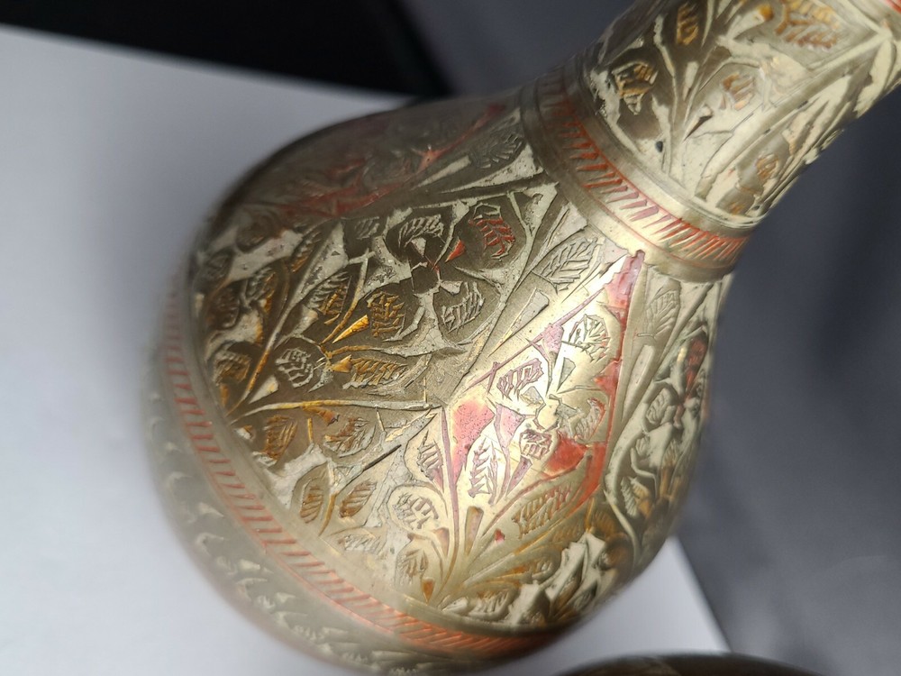 Vintage Pair Small Carved Brass Vases
