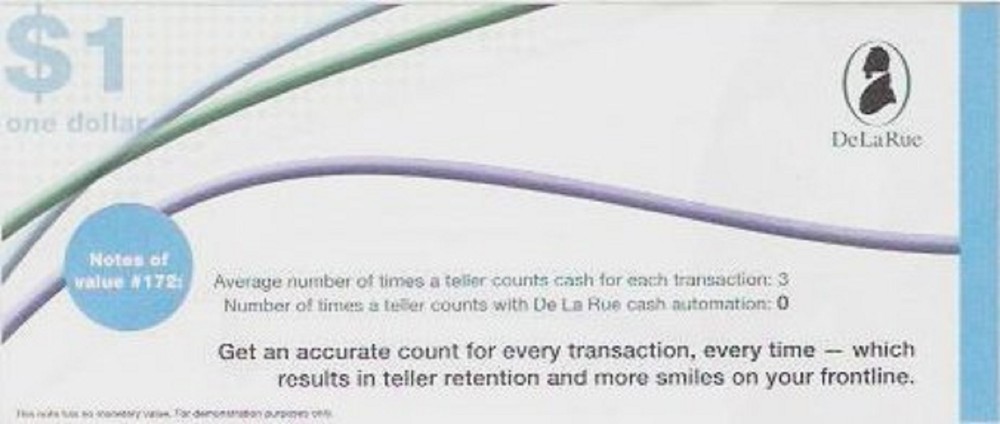 Test note - TDLR-491, $1, DeLaRue, counting cash from register, Uncirculated