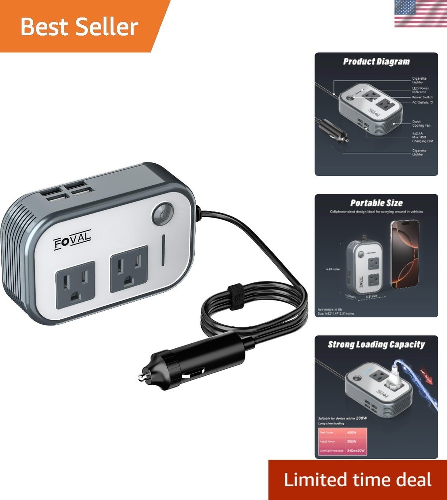 Lightweight 200W Inverter for Vehicles - 4 USB Ports for Efficient Charging