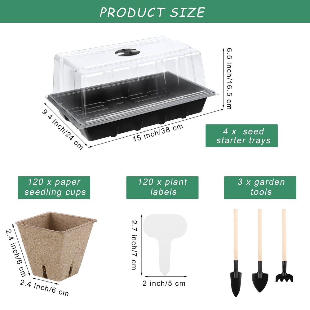 4 Pack Seed Starter Tray Kit, 120 Square Seed Peat Pots for Seedlings with Pl...
