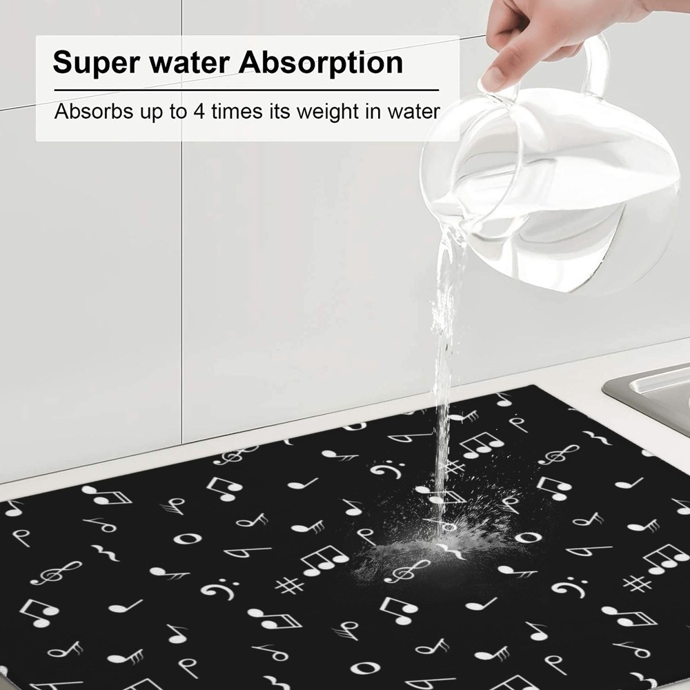 Musical Kitchen Drying Mat Music Notes 18x24 Inch Black Microfiber Drainer
