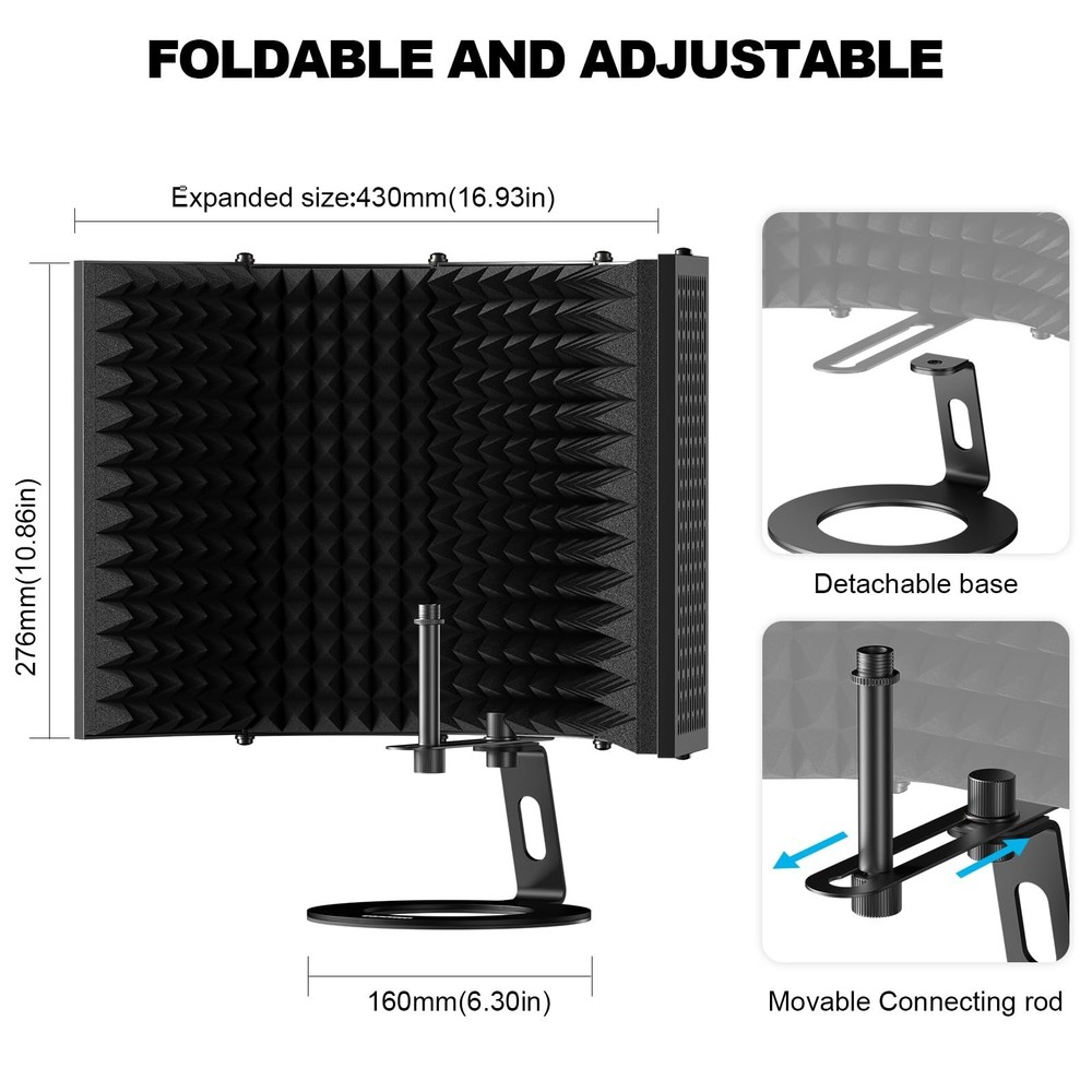 Aokeo Microphone Isolation Shield, Foldable Mic Shield with Triple Sound Insu...