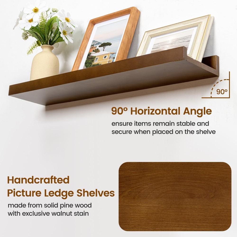 Picture Ledge Wall Shelves 48 inch Width Set of 2, Solid Pine Wood Rustic Flo...