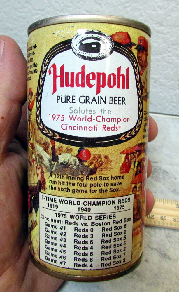 Hudepohl 1975 Reds 12 oz empty pull tab style top tin beer can, great colors