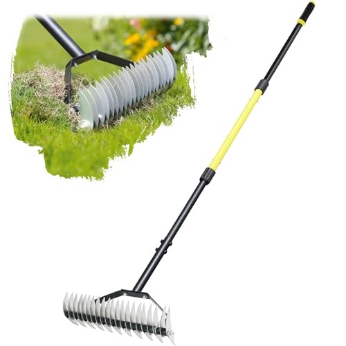 Thatch Rake for Lawns, 61.4" Long Handle Manual Dethatcher with Adjustable
