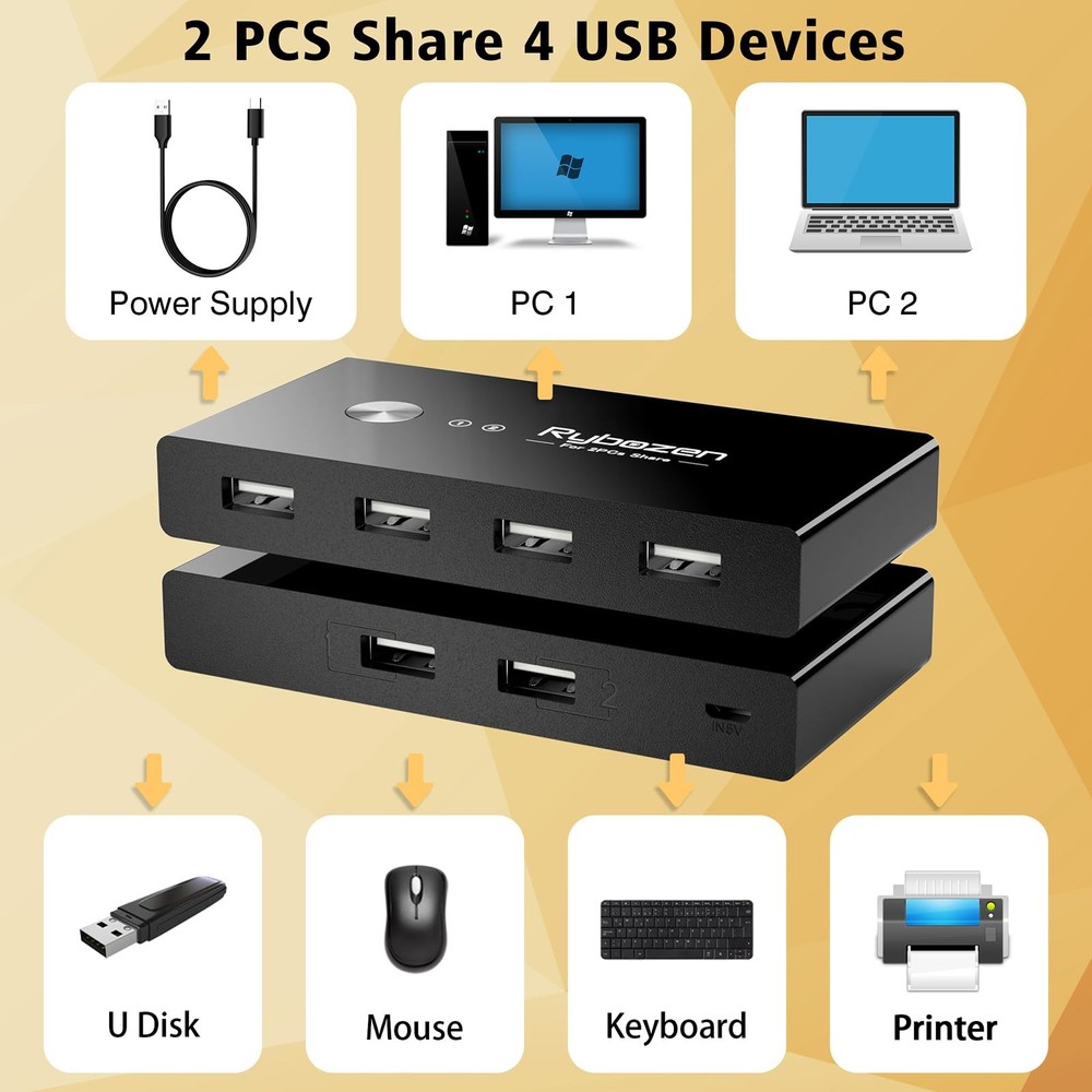 USB Switcher 2 Computers, Switch 2 PC Sharing 4 Devices, 2 in 4 Black
