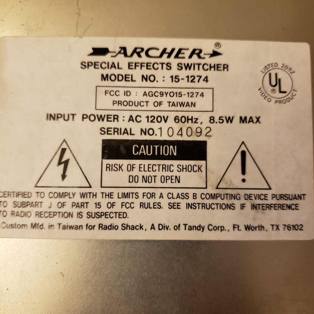Archer 15-1274 Video Special Effects Switcher Analog POWERS ON, UNTESTED