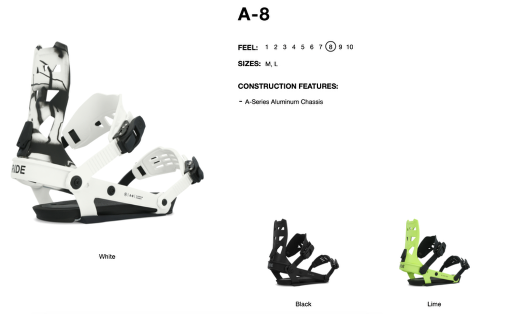 Ride A-8 Men's Snowboard Bindings New Size M Black Medium