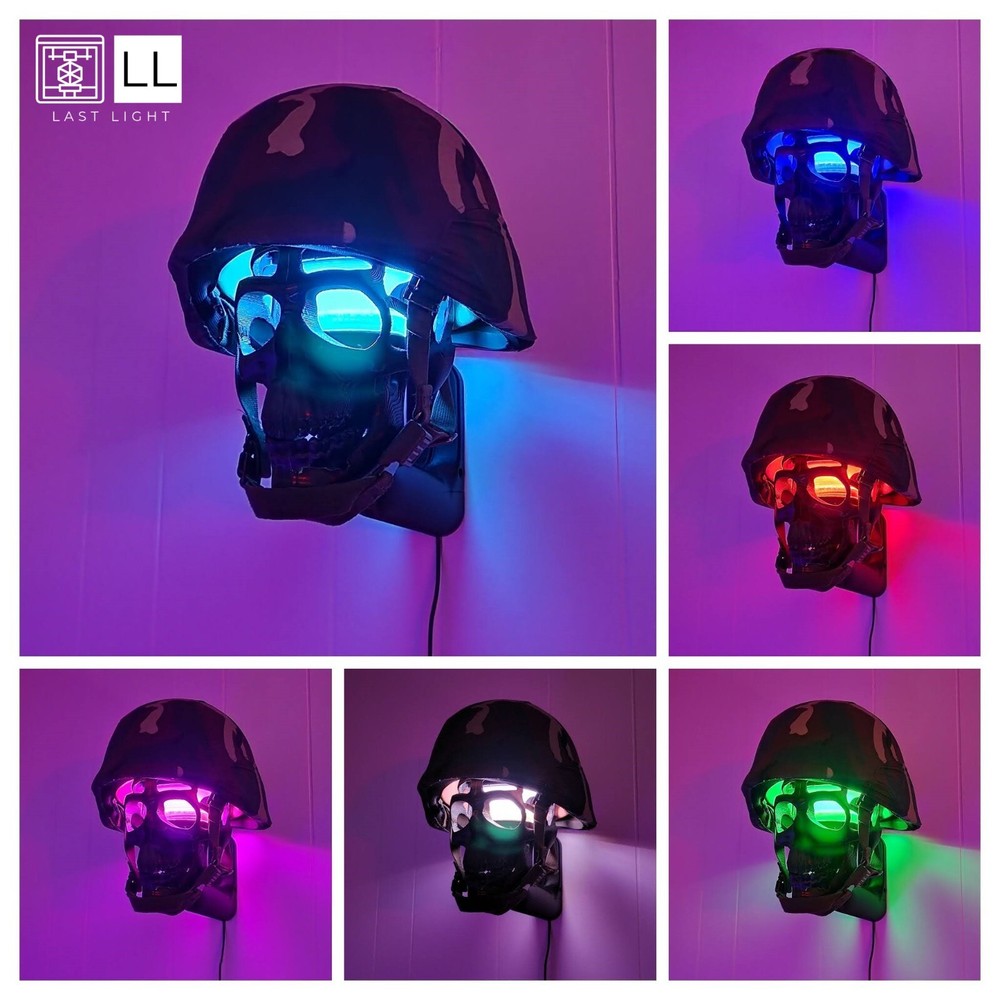 Helmet Wall Display with Skull - Remote Controlled LED - USB Powered