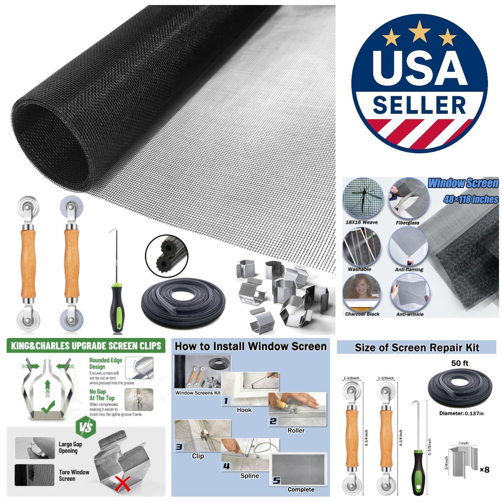 Deluxe Window Screen Replacement Kit 48"x118" - Mesh, Rollers & Tools Included