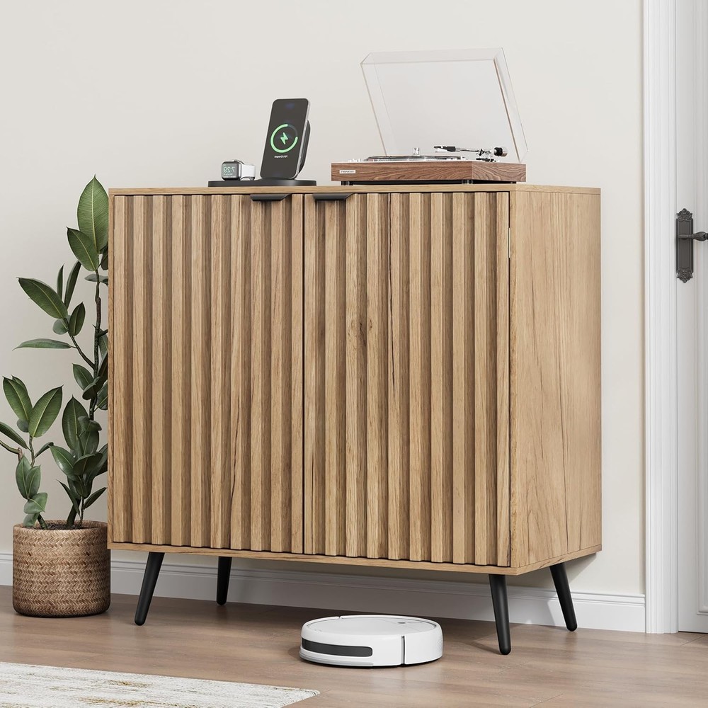 Fluted Sideboard Cabinet, Freestanding Natural Buffet Cabinet with