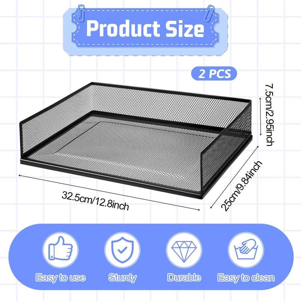 2 Pack Black Stackable Letter Tray, Wire Mesh, Transverse Load, Desk Organizer