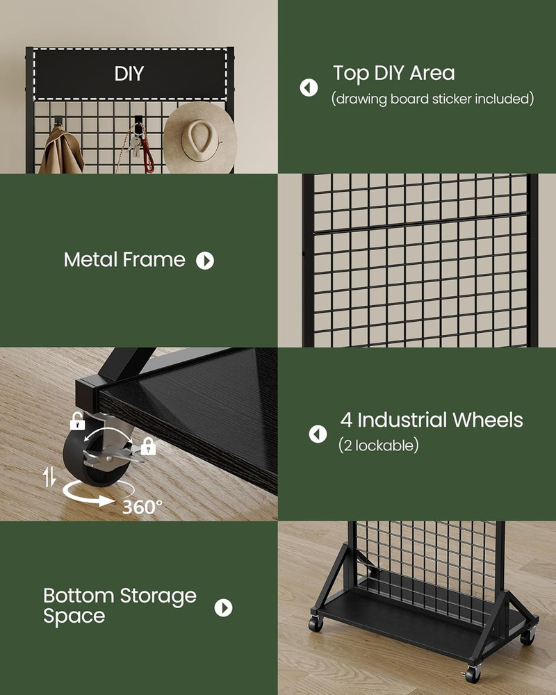 Floor Standing Grid Wall Display Rack with Hooks - Black 2' x 5.7