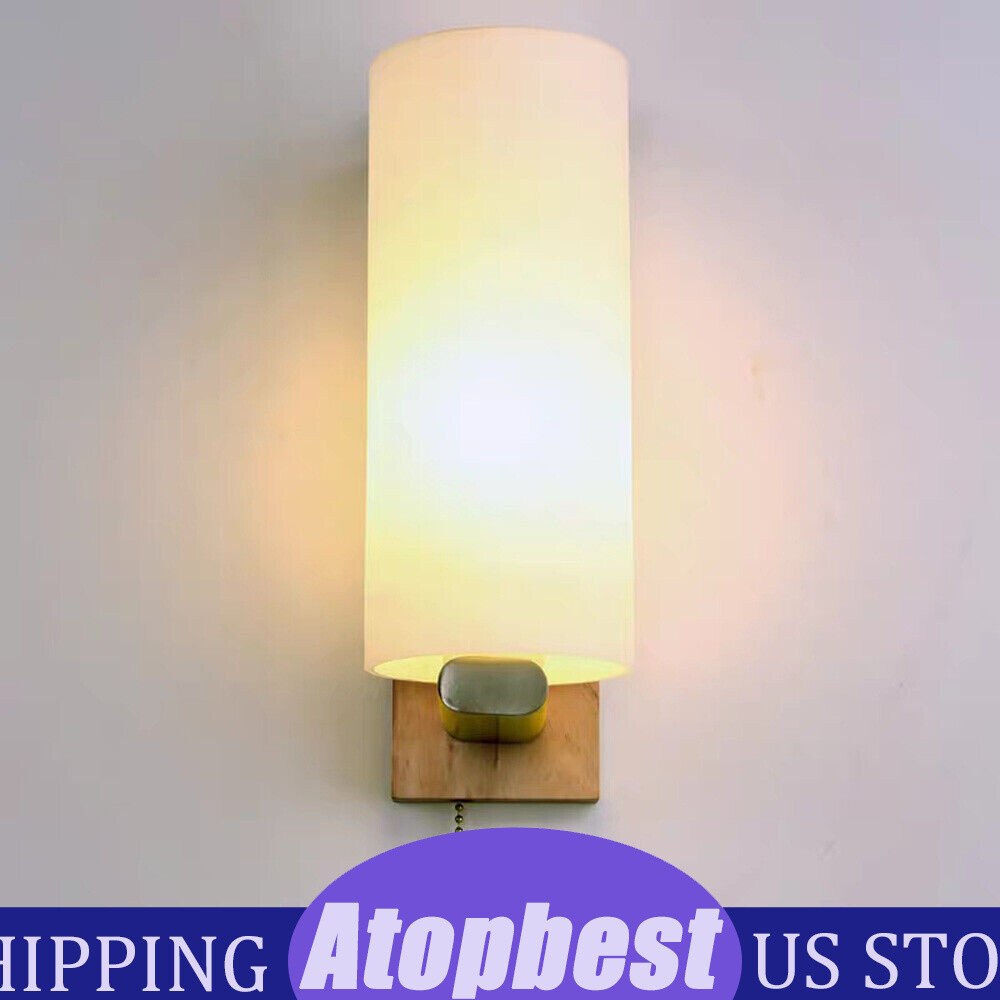 Modern White Wall Light Sconce Glass Shade Bedside Hallway Lamp With Pull Switch
