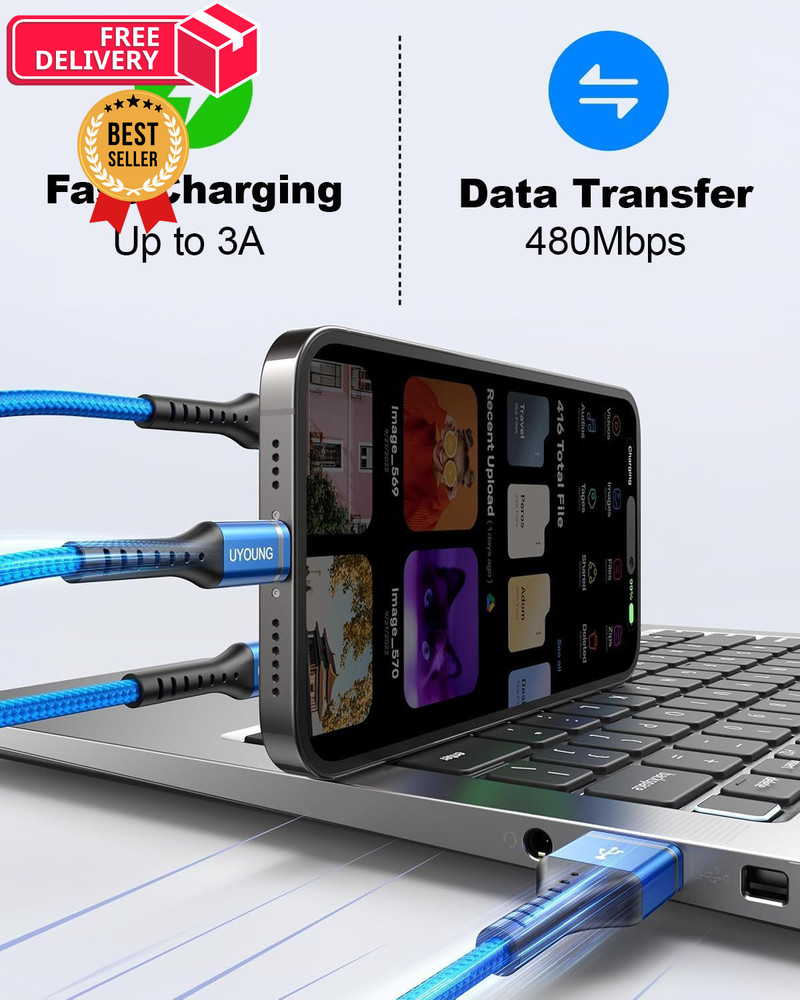 Multi Charging Cable 2Pack 6FT, 3 in 1 Charger Braided Blue