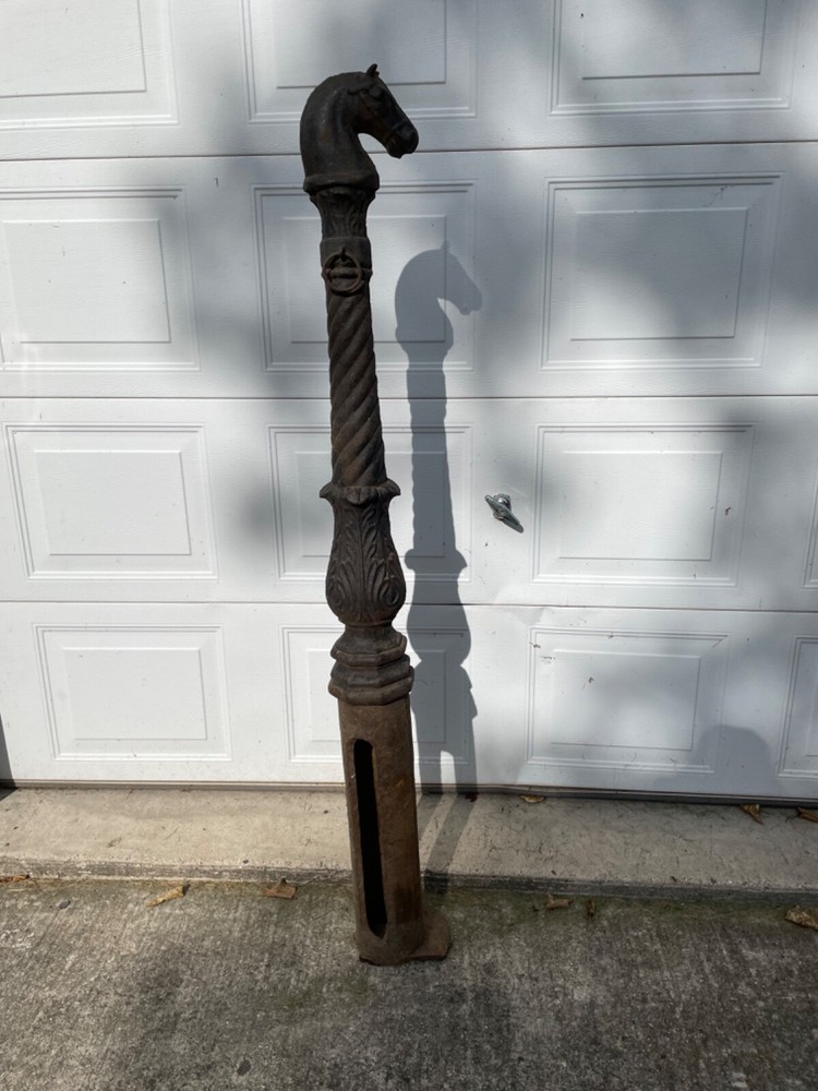 Antique cast iron horse head hitching posts & chain